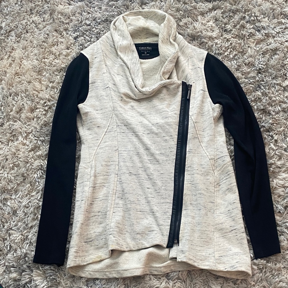 Chelsea & Violet Cream and Black Asymmetrical Zip Cowl-Neck Sweater